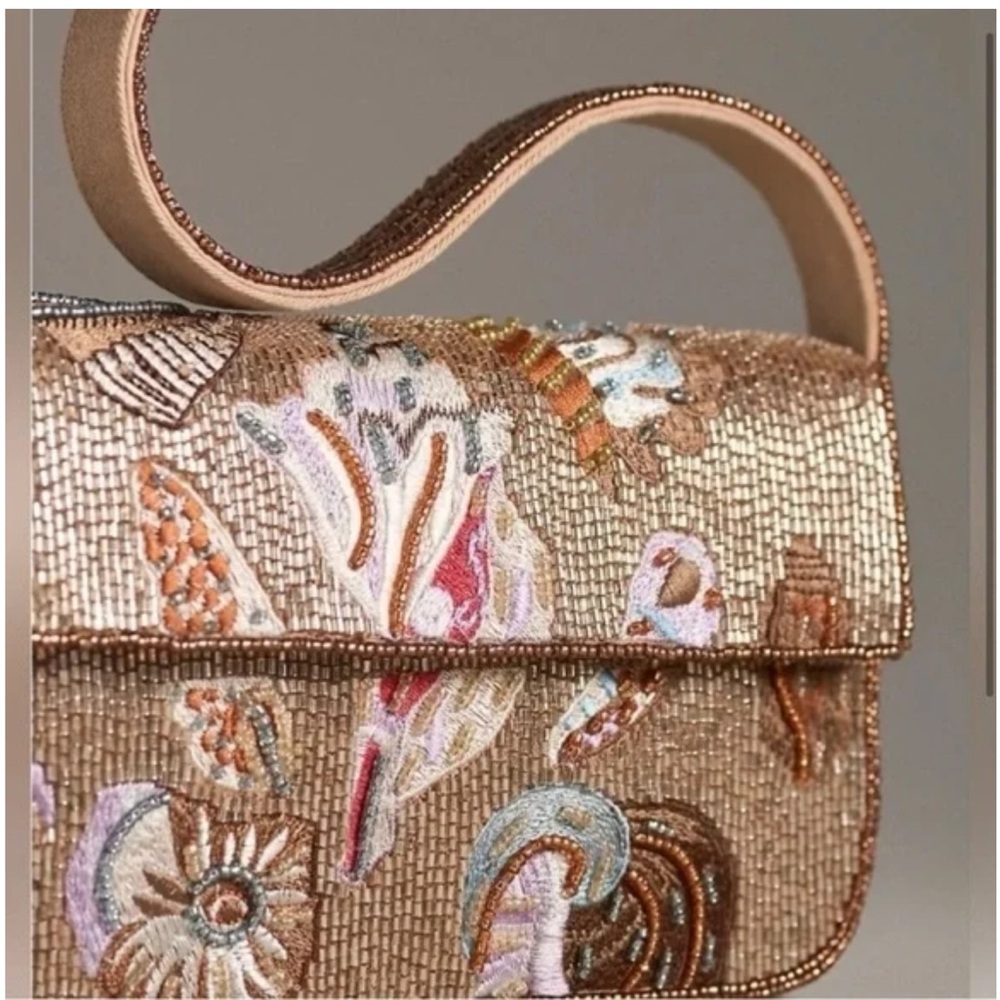 Anthropologie beaded Fiona bag embroidered tan shell ocean seashell purse NWT - Picture 2 of 5